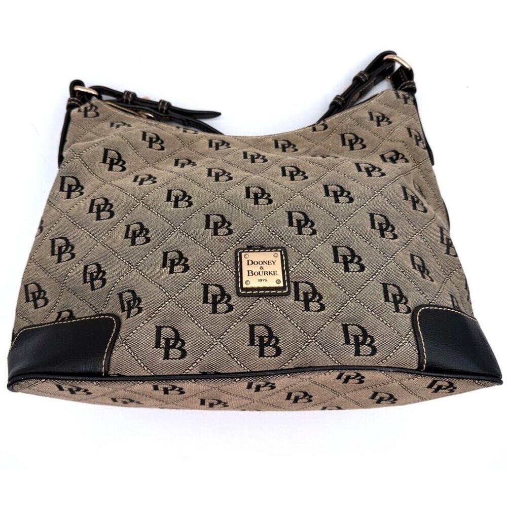 Dooney & Bourke Signature Logo Canvas Shoulder Bag Tan w/ Black Leather Trim